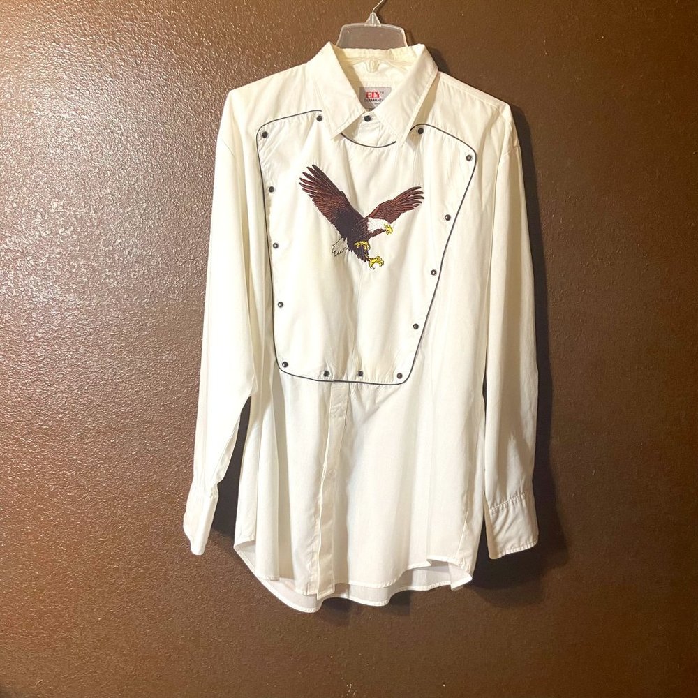 Ely Diamond - White Long-Sleeve Black Snap Shirt with Eagle Sz XL